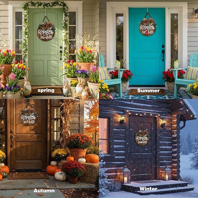 CondorPasea Interchangeable Welcome Door Sign with 16 Different Replaceable Patterns - 12" Round 3D Rustic Wooden Front Porch Decor, Artificial Leaves & Rustic Beads, Farmhouse/Classroom All Seasons Holiday (Christmas Halloween) Welcome Home Hanging Sign