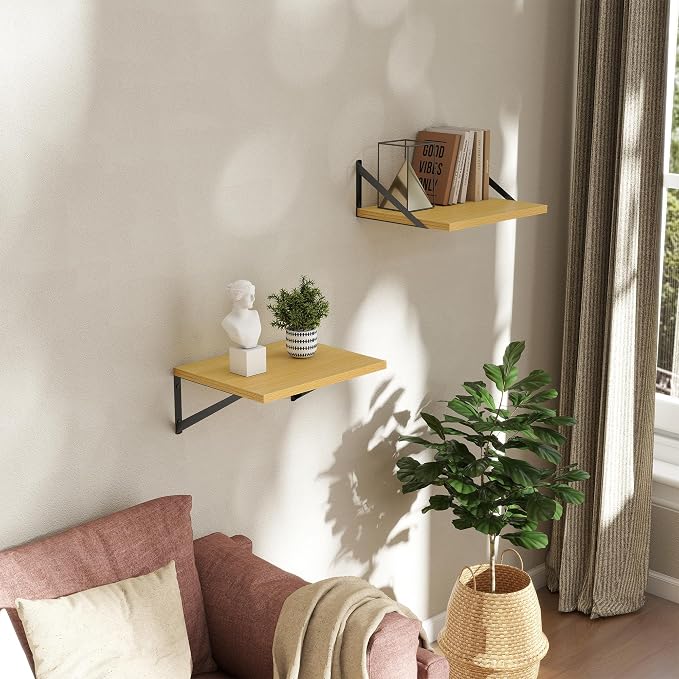 Acovy Deep Floating Shelves Wall Mounted, 16"x12" Oak Wall Shelves with Brackets Set of 2 for Bedroom, Living Room, Bathroom, Kitchen, Office - Storage & Display Shelf for Decor, Books, Plants