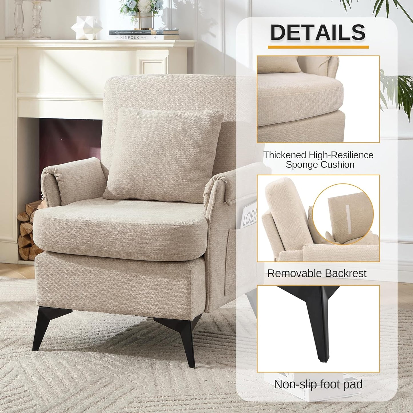 KCC Mid-Century Accent Chairs,Chenille Modern Upholstered Single Sofa,Cozy Armchair with Back for Bedroom/Office/Cafe,Begie