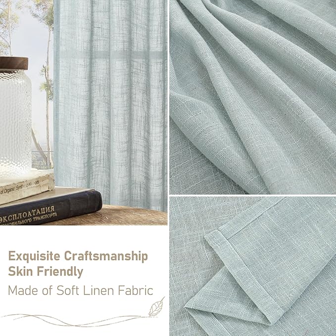 LAMIT Sheer Linen Curtains 63 inches Long for Bedroom, Back Tab and Rod Pocket Linen Drapes Light Filtering Semi Sheer Curtains for Small Window/Farmhouse, 2 Panels (38 x 63 Inch, Greyish Blue)