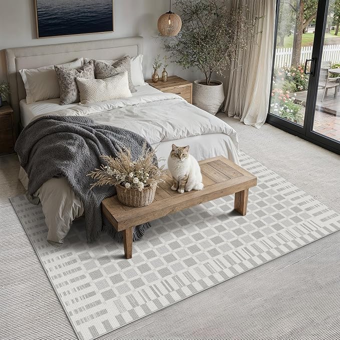 PureCozy Machine Washable Gray 8x10 Area Rugs for Living Room Modern Soft Large Checkered Rug Non-Slip Low Pile Accent Indoor Office Carpet for Bedroom Dining Room Nursery Classroom