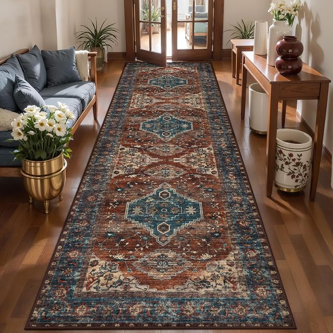 Tangsoo 3x10 Washable Hallway Runner Rug, Non Slip Vintage Runner Rug for Hallways, Soft Low Pile Long Rug Runner, Print Distressed Carpet Runners for Kitchen Bedroom Entryway Living Room