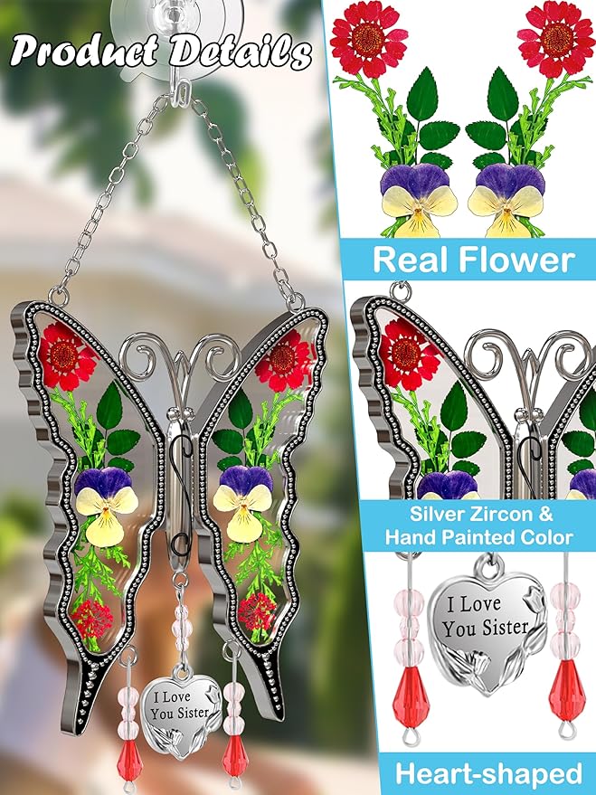 KY&BOSAM Butterfly Suncatcher I Love You Sister Stained Glass for Windows Hangings Wind Chime Pressed Real Dried Flowers Between Wings and Heart Charm Gifts for Sister Mothers Day Birthday Valentines