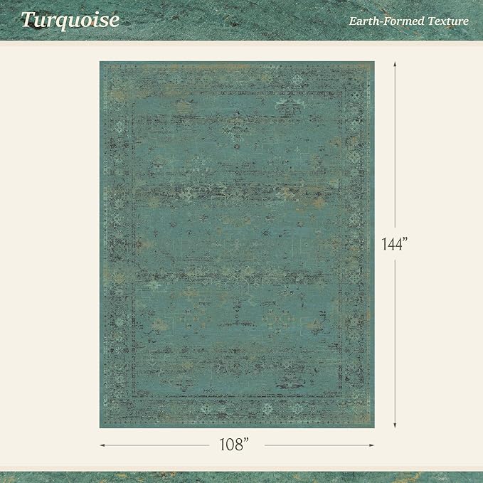 Turquoise Green 9x12 Washable Area Rug for Living Room, Non Slip Low Pile Vintage Boho Carpet, Distressed Teal Geometric Large Floor Rug for Dining Room, Bedroom, Farmhouse Home Décor