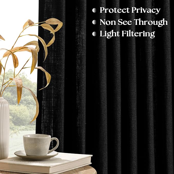 Black Pinch Pleated Linen Curtains 102 Inches Long for Living Room Bedroom Light Filtering Boho Window Drape 102 Inch with Hooks Rings Sliding Glass Door Semi Sheer Curtain 1 Panel 50 Inch Width