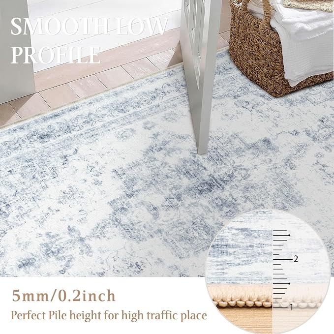 PureCozy Area Rug 5x7 Washable Blue Rug Vintage Boho Medallion Large Distressed Retro Carpet for Living Room Non Slip Indoor Low Pile Small Soft Bedroom Dining Room Home Office