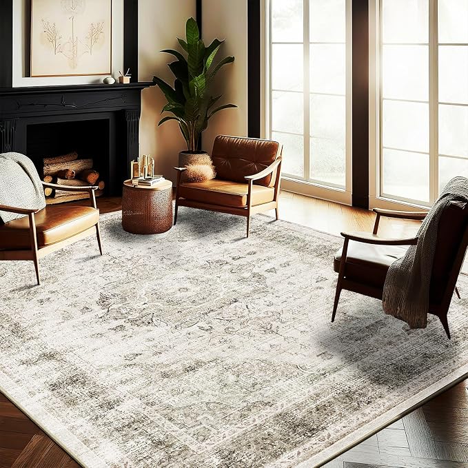 CHAMPLANT Washable Area Rug 10'x14' Floral Khaki Boho Design Non-Shedding Easy Care Ideal for High Traffic Areas in Living Room Bedroom Office Coffee Table Kitchen Large Carpet