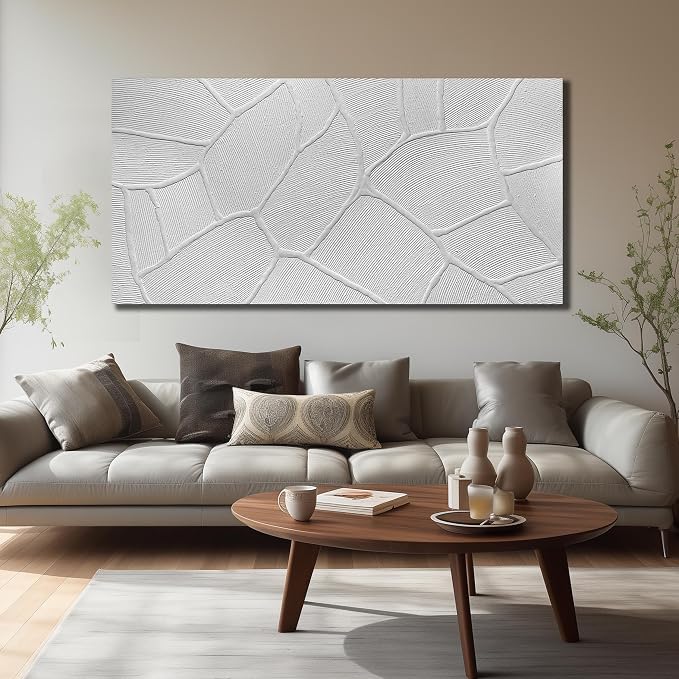 DNIEOTU Abstract Textured Canvas Wall Art for Living Room, White Wall-Decor for Bedroom, Modern Minimalist Geometric Paintings for Hallway Office, Size 72 x 36 Inches Hand Painted