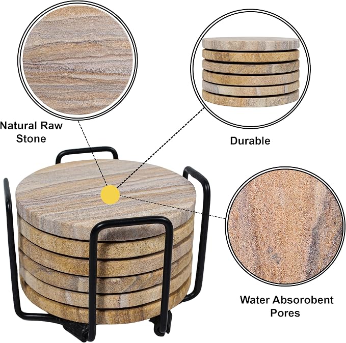 Sandstone Water Absorbent Hand Crafted Round Coasters for Drinks - 4 Inches Wide Thirsty Stone Bar/Drink Coasters- Made from Rainbow Sandstone (Set of 6 Without Holder)
