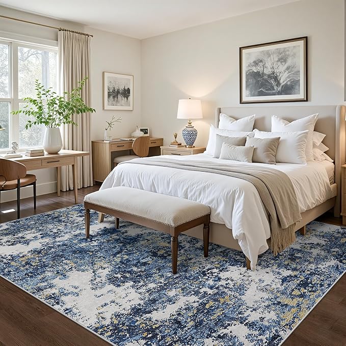 8x10 Area Rug for Living Room Bedroom: Large Washable Rug with Anti-Slip Backing Non-Shedding Stain-Resistant Soft Abstract Carpet for Dining Room Nursery Home Office (Blue/Multi)