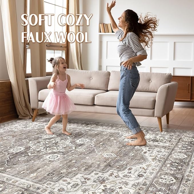 6x8 Area Rug Living Room: Washable Boho Large Neutral Vintage Soft Rug Stain Resistant Farmhouse Non-Slip Indoor Rustic Floor Carpet for Bedroom Nursery Kids Playroom Office Dining Room- Dark Brown
