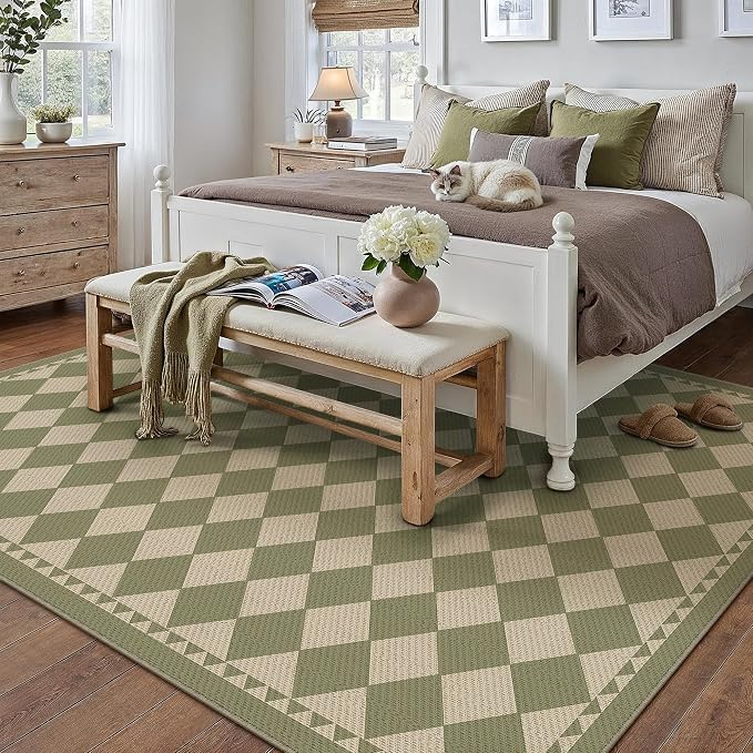 HUGEAR 6'x9' Green Outdoor Rug Waterproof Patio Linen-Look Checkered Outside Floor Mat Carpet for Deck Porch Balcony Backyard Camping RV Picnic Beach Area Rug Home Decor