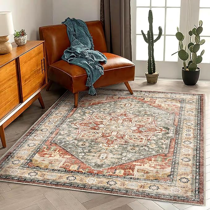 CHAMPLANT Area Rug 6'x9' Red Khaki Washable Vintage Traditional Floor Cover Thin Retro Kitchen Indoor Distressed Non Slip Carpet Floral Area for Living Room Bedroom Dining Room
