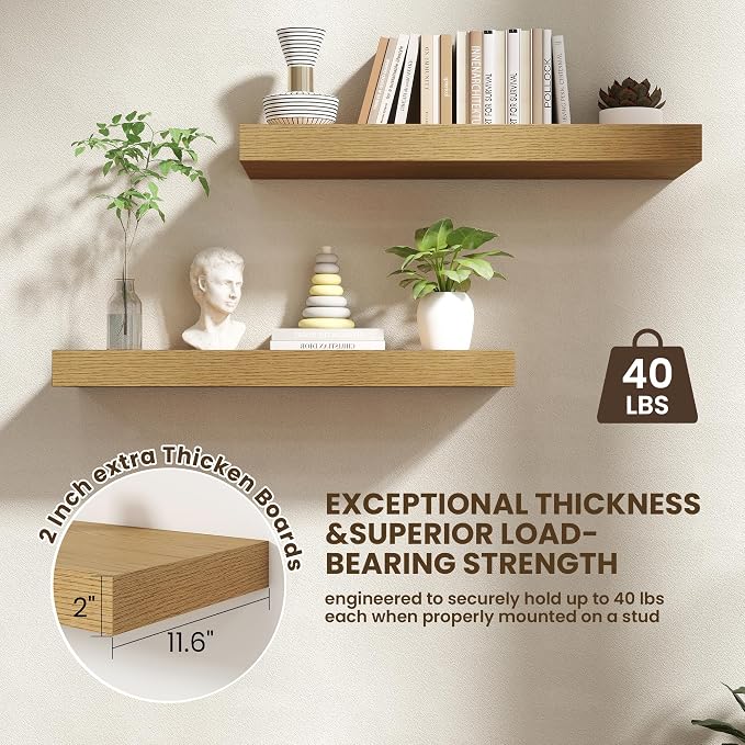 FLYJOE 32 Inch Floating Shelves, 12 Inch Deep Floating Shelves Set of 2, 32''W x 12''D Oak Shelves for Wall, Bathroom Available, Engineered Wood, Mounting Hardware Included