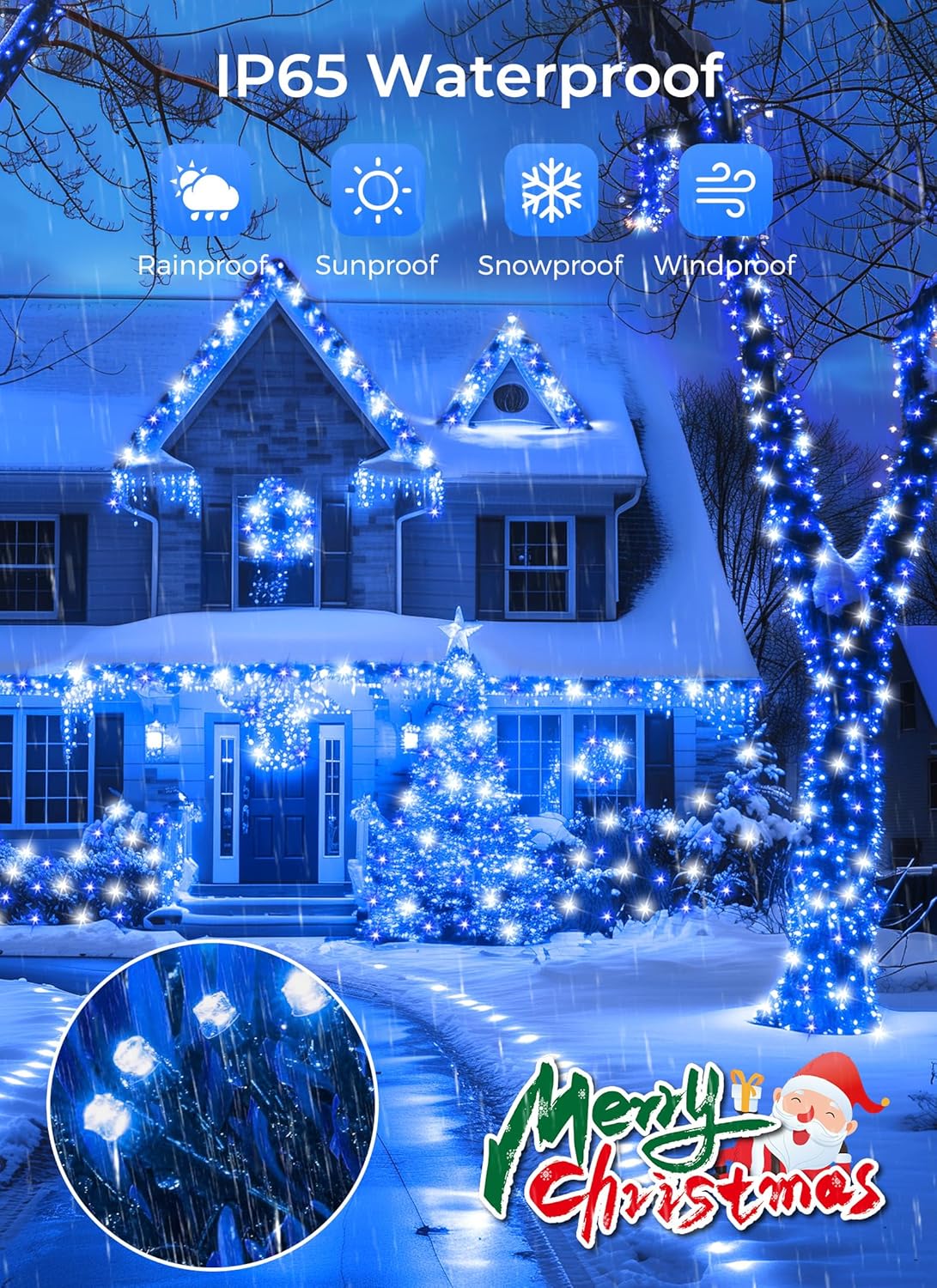 Minetom Solar String Lights - 4 Pack, 160FT, 400 LED with 8 Modes, Waterproof, Outdoor Christmas Lights for House & Tree, Blue & White