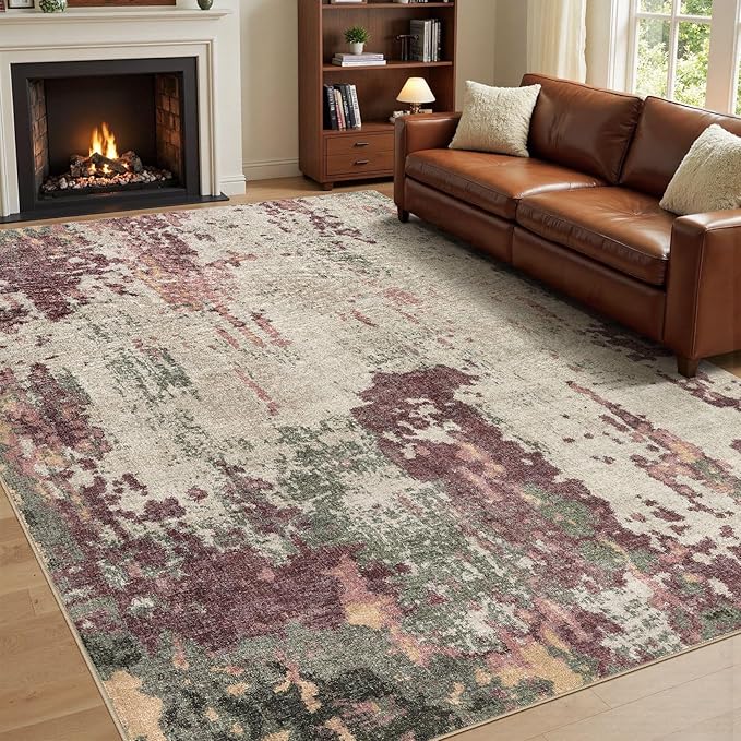 UERMEI 6x9 Area Rug Living Room Rugs - Washable Neutral Modern Abstract Soft Thin Rug Indoor Floor No Slip Rug Carpet for Bedroom Under Dining Table Home Office Decor - Purple/Green/Beige