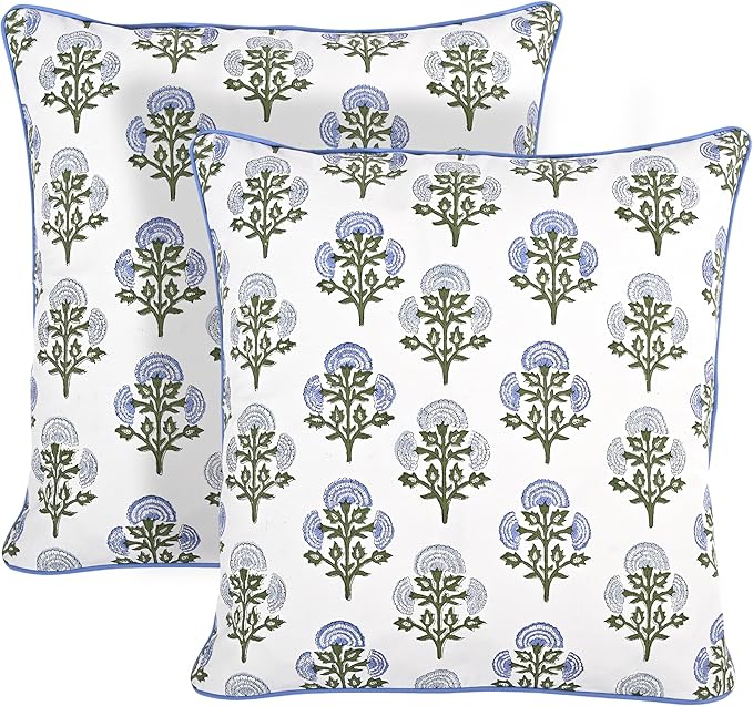 Ridhi Block Print Mughal Buta Blue Pillow Cover 20" x 20" (Pack of 2) Decorative Couch Pillows for Living Room, Chic Boho Cute Outdoor Pillows Covers Gifts for Spring, Easter and Valentine