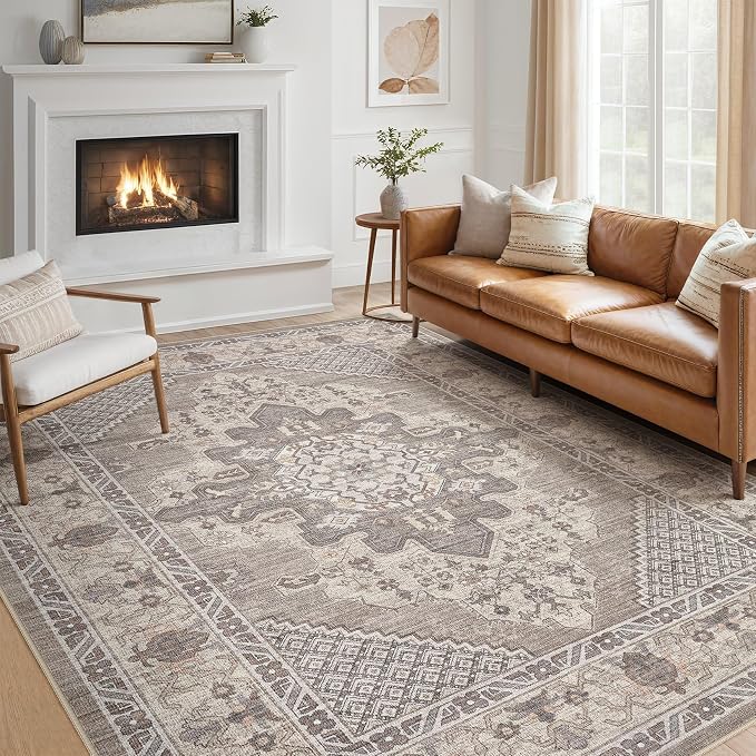 Tortania Area Rug Living Room Rugs - 7x9 Washable Boho Rug Vintage Oriental Distressed Farmhouse Large Thin Indoor Carpet for Living Room Bedroom Under Dining Table Home Office - Taupe Brown