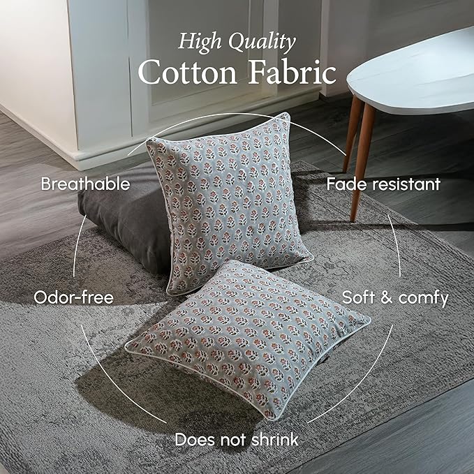 CPC 100% Cotton Throw Pillow Covers 18x18 Inch, Set of 2 Gray Block Print Pattern Couch Pillow, Cute Boho Decorative Pillows for Living Room, Bedroom with Hidden Zipper- Labra Gray