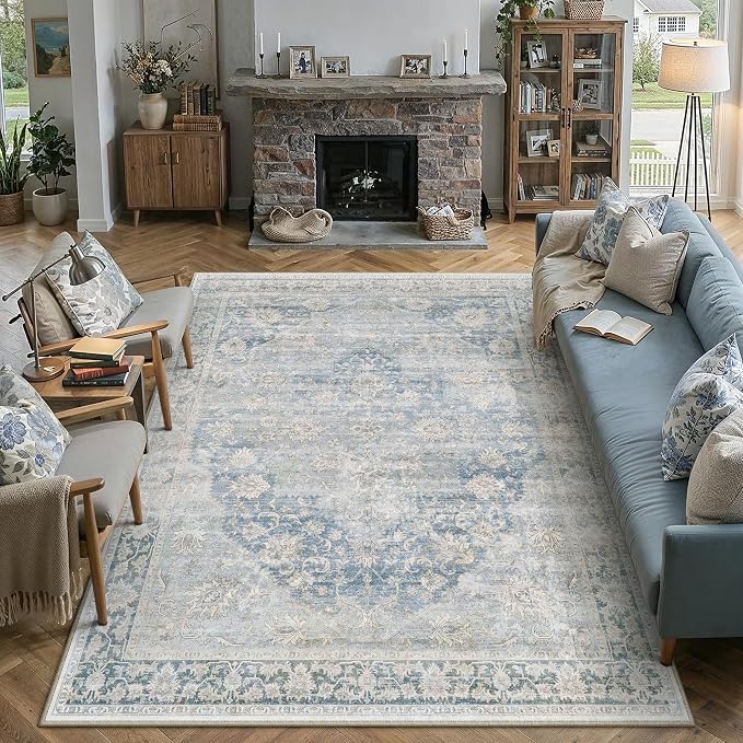 9x12 Neutral Area Rug Blue Vintage Living Room Bedroom Washable Carpet Non-Slip Soft Low Pile Oriental Indoor Large Throw Rug for Dining Room Office