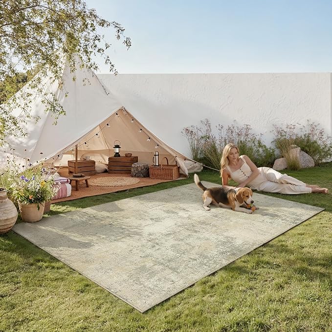 6x9 Easy Jute Area Rug Beige Grey Abstract Washable Non Slip Indoor Outdoor Rug Neutral Modern Carpet for Living Room Bedroom Dining Room Backyard Courtyard