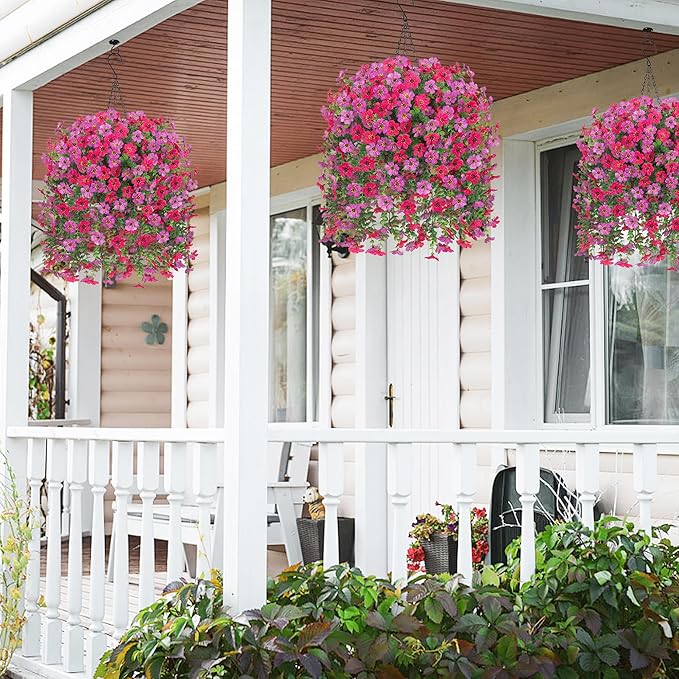 HyeFlora Artificial Hanging Flowers Basket for Outdoor, Fake Flowers Faux Plants Look Real for Yard Gardens Porch Patio Home (Purple+Hotpink)