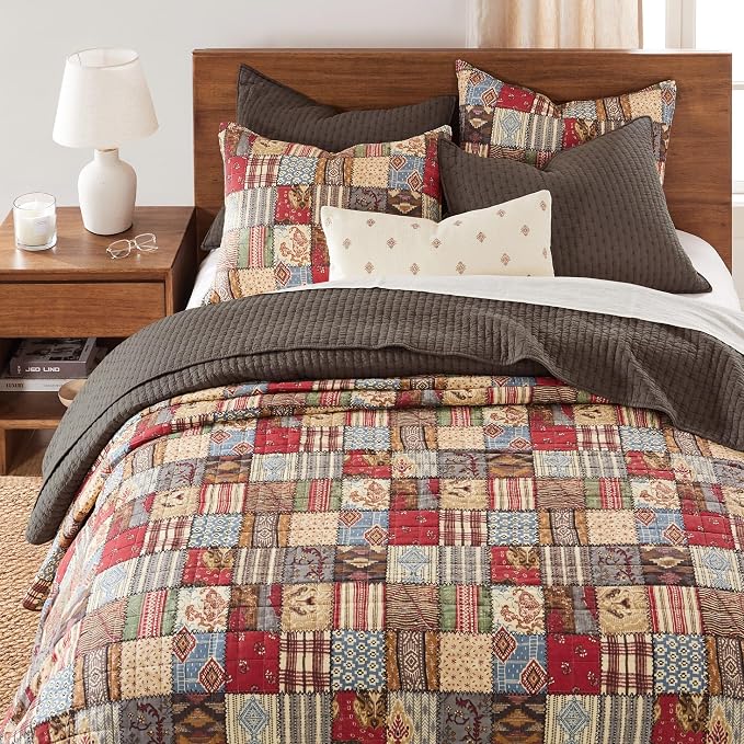 Levtex Home Cross Stitch Reversible King/Cal King Quilt Set (106x92in) with 2 Pillow Shams (36x20in) - Stitch Texture - Cocoa - Cotton King Size Quilt Bedding Set - Lightweight, Soft, Pre-Washed