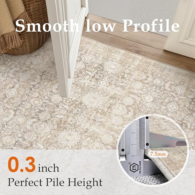2x6 Beige Washable Floral Hallway Runner Rug Kitchen Vintage Low Pile Non Slip Area Rug Soft Stain Resistant Carpet Distressed Door Mat Entryway Bedroom Living Room Indoor Stair