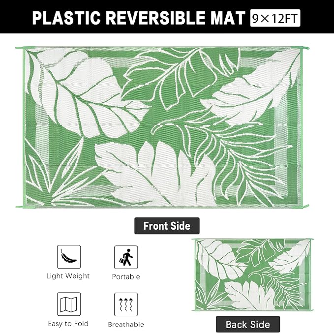HUGEAR 9'x12' Outdoor Rug Waterproof Plastic Straw Rugs Large Green Reversible Olive Leaf Mat Floor Carpet for Camping RV Deck Entryance Porch Picnic Balcony Beach Backyard