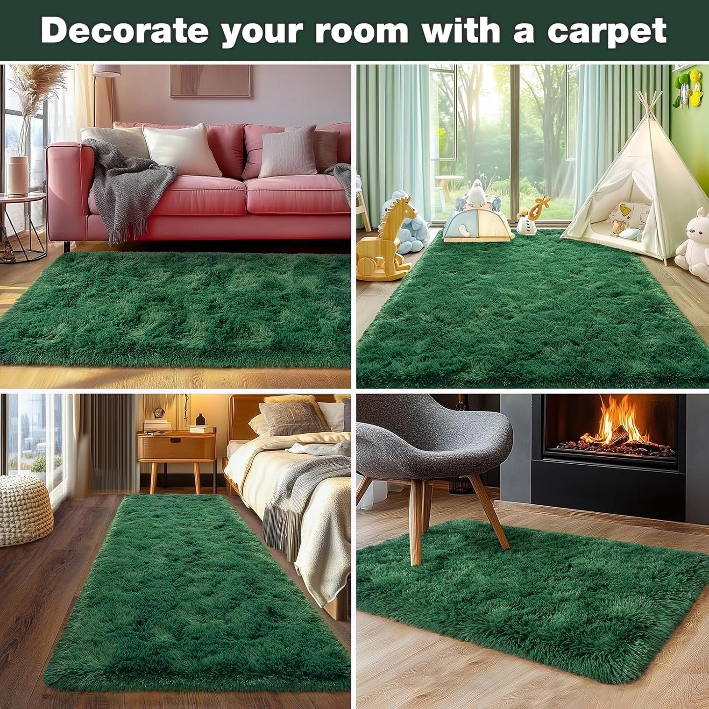 Rezutan 5x7 Feet Shaggy Area Rug - Super Soft Plush Fuzzy Modern Living Room Bedroom Rug for Kids, Non-Slip Nursery Classroom Home Decor, Dark Green