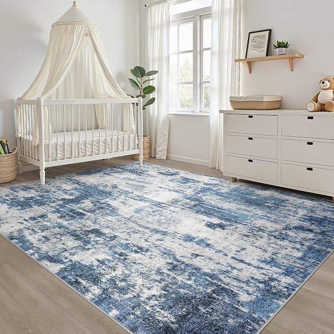 6x8 Area Rug Living Room: Washable Large Neutral Rug Abstract Soft Modern Stain Resistant Indoor Floor Non-Slip Carpet for Bedroom Nursery Kids Office Playroom Dining Room Under Table- Navy Gray