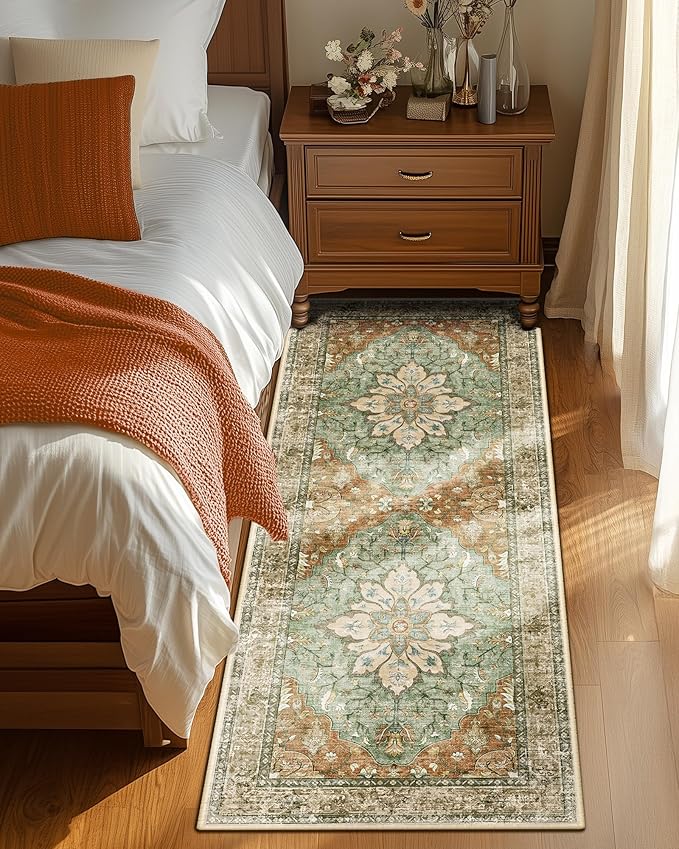 RELEANY Area Rugs 2'x5' Runner Rug Non Slip Washable for Kitchen Hallway Bedroom Beside Laundry Room Bathroom Rug, Floor Carpet, Brick Red Rust Neutral Brown Burnt Orange Green