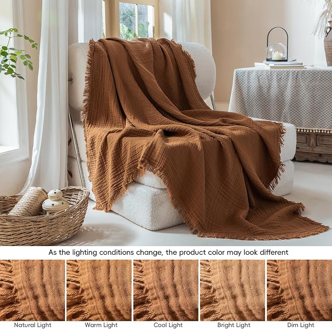 Muslin Fringe Blankets for Adults: 100% Cotton Cloud Soft | 4-Layer Gauze Breathable Lightweight All Season Throw Blanket for Bed Couch Sofa Office