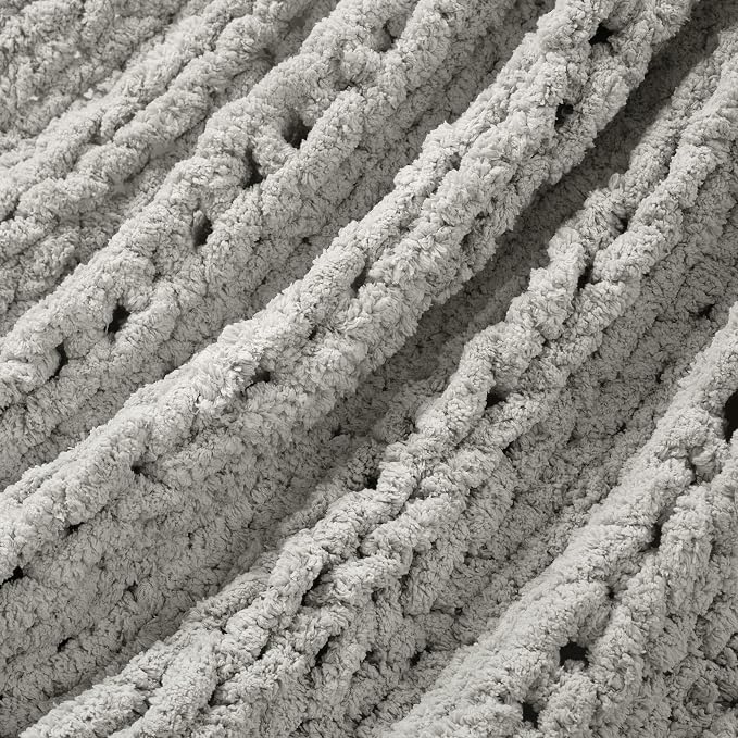 Lush Decor Hygge Ultra Soft Cozy Chenille Chunky Knit Blanket/Throw, 72" x 40", Light Gray