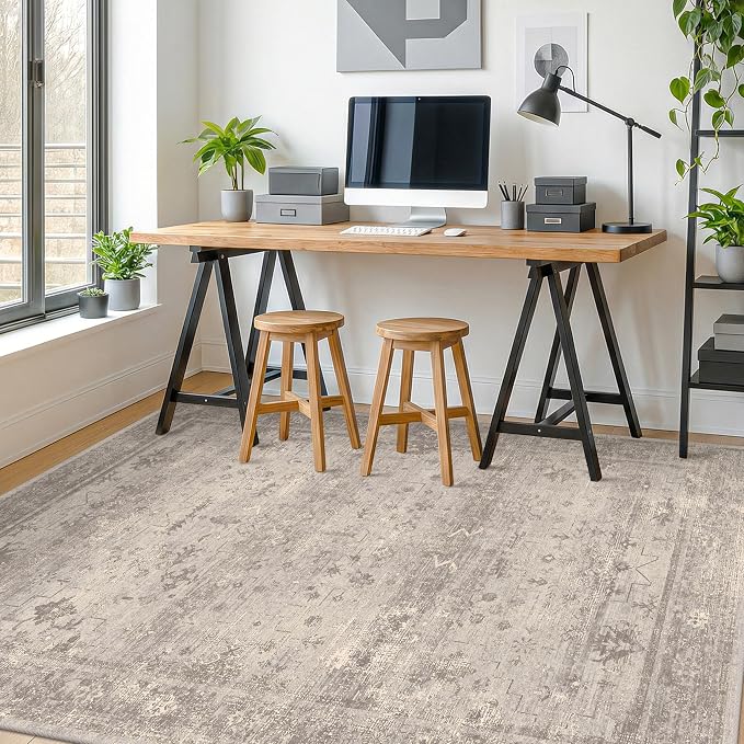 Greige 6x9 Washable Area Rug for Living Room, Distressed Granite-Inspired Geometric Rug for Dining Room & Bedroom, Soft Low Pile Non-Slip Carpet with Modern Organic Style