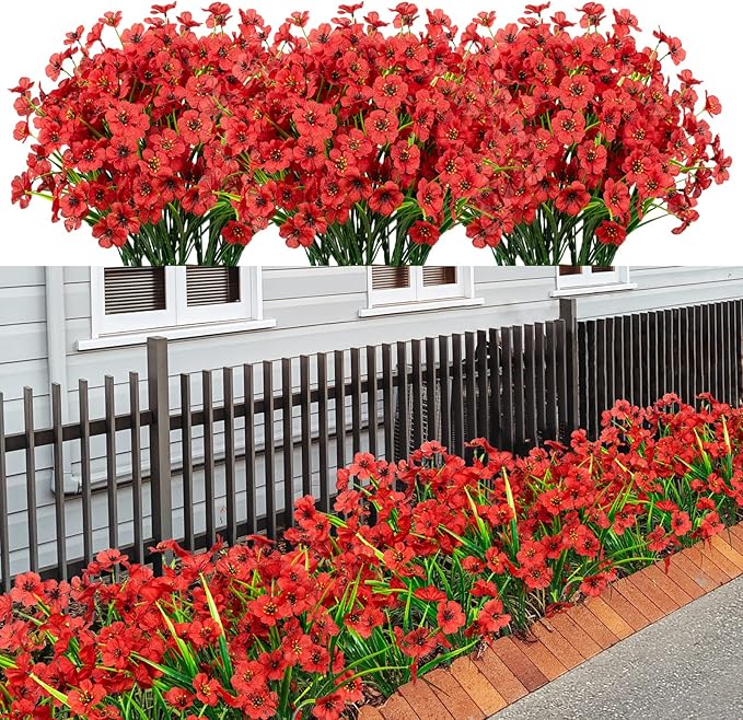 LikSoor 21 Bundles Artificial Outdoor UV Resistant Flowers No Fade Fake Outside Flowers Plastic Greenery Faux Shrubs Garden Porch Window Box Home Decoration (red)