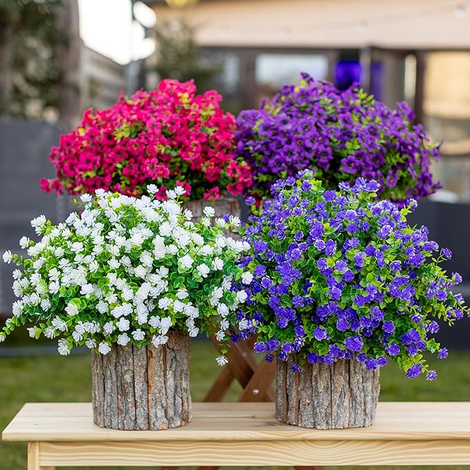 AXYLEX Artificial Flowers for Outdoors Fake Plants - 12 Bundles Faux Outside Greenery Boxwood No Fade Plastic Shrubs Fall Decor Farmhouse Home Garden (Purple)