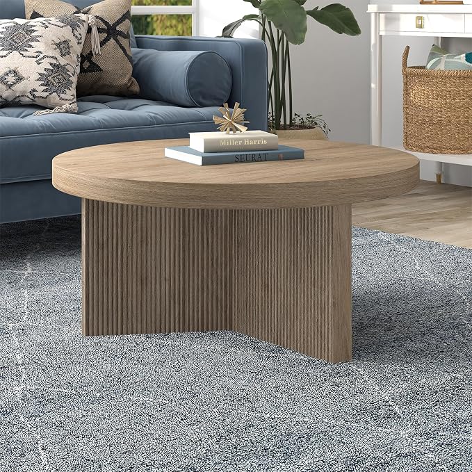 Henn&Hart 32" Fluted Round Low-Profile Coffee Table with Ribbed Pedestal Base for Living Room, Family Room, Office, or Apartment, Weathered Gray