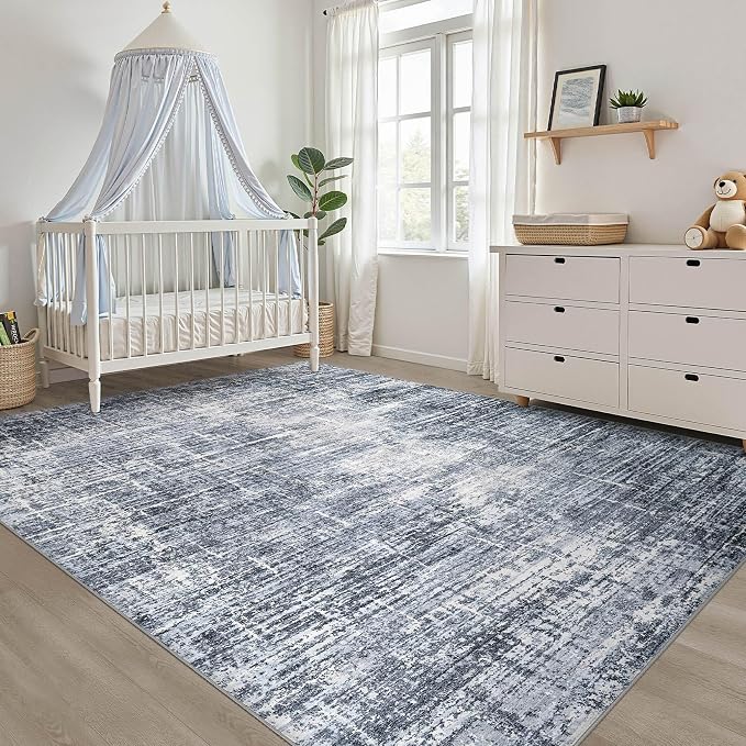 9x12 Area Rug Living Room: Washable Large Neutral Navy Rug Abstract Soft Modern Stain Resistant Indoor Floor Non-Slip Carpet for Bedroom Nursery Kids Office Playroom Dining Room Under Table Home