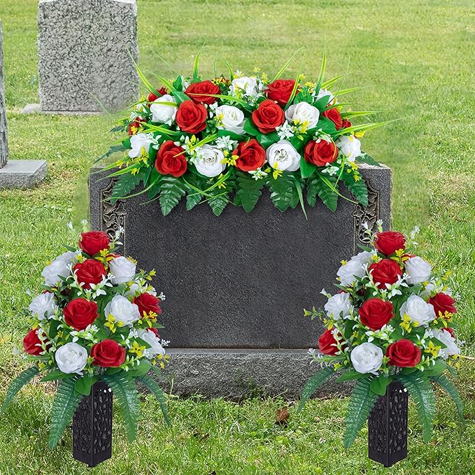 DONODA Cemetery Tombstone Flower Saddle - Outdoor Grave Decorations - Non-Bleed Colors, Rose Combination Flower (Red and White Saddle)