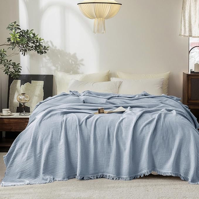 FOSSA Muslin Blanket 4-Layer 100% Cotton Gauze Blanket with Fringe 90"x90" | Super Soft Breathable Lightweight All Season & Decorative Blanket or Bed, Sofa, Office (Cornflower Blue,Queen)