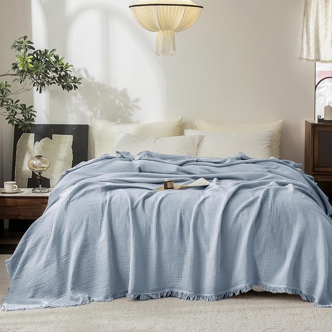 FOSSA Muslin Blanket: 4-Layer 100% Cotton Gauze Blanket with Fringe 98"x98" | Super Soft Breathable Lightweight All Season & Decorative Blanket or Bed, Sofa, Office (Cornflower Blue, Oversize Queen)