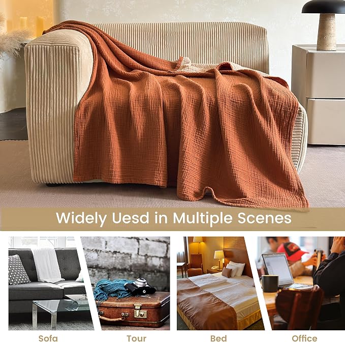 FALUCA Cotton Muslin Cooling Reversible Blanket King Size for Bed, Couch, Four Layers, Soft Lightweight Cozy Breathable Farmhouse Decoration for Summer, Camel
