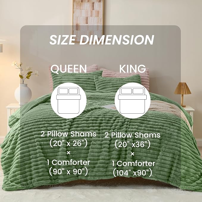 Simple&Opulence Fluffy Faux Fur Comforter Set, Plush Fuzzy Minky Bedding Set, 3 Pieces Warm Soft Comforter Bedding Set for Winter - 1 Shaggy Comforter with 2 Pillow Shams(King, Striped - Green)