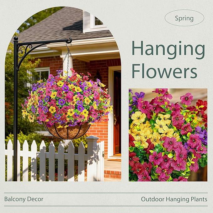 Der Rose 2 Pack Artificial Hanging Flowers Basket for Outdoors Fake Hanging Plants Spring Summer Decoration UV Resistant for Garden Front Porch Patio Balcony Decor