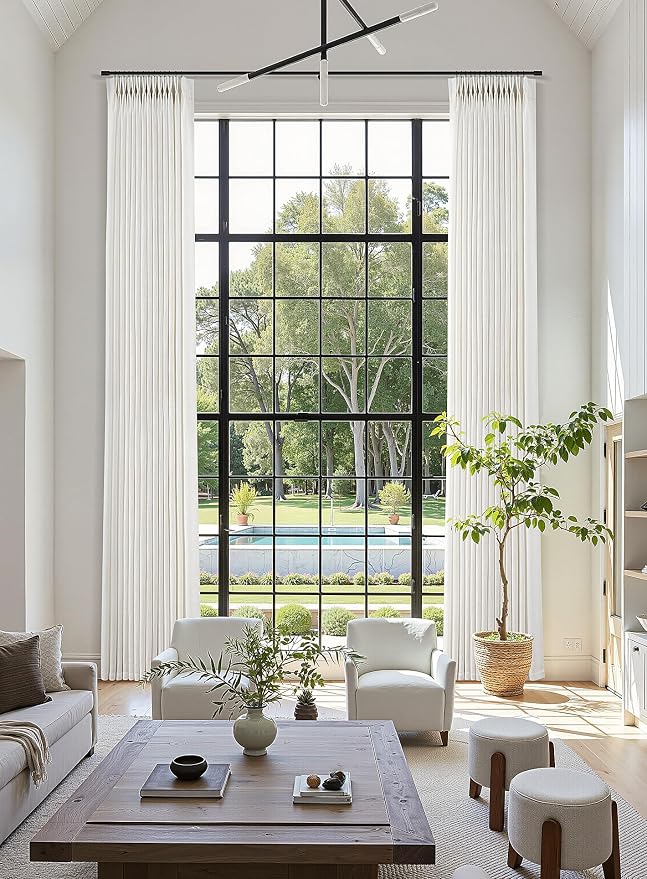 Extra Long Pinch Pleated Linen Curtains 132 Inches Long for Living Room Large Windows 2 Panels Set Natural Cream Beige Ivory Light Filtering Pinch Pleat Curtain Back Tab with Hooks Clip Rings Set