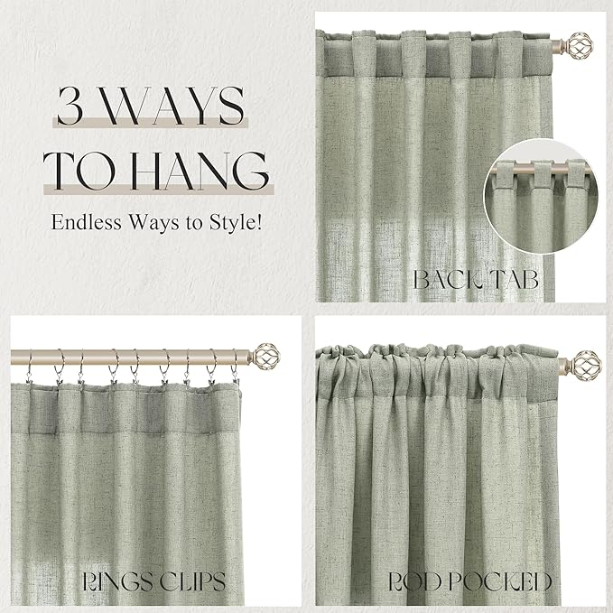 Jowels Sage Green Linen Curtains 63 Inch Long 2 Panels for Living Room | Light Filtering Semi Sheer Curtain, Back Tab Pocket Pleated Look, Boho Farmhouse Textured Privacy Drapes for Bedroom Window