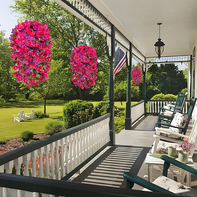 INXUGAO 2 pcs Artificial Faux Bougainvillea Flowers Plants for Outdoor Outside Summer Decoration, Fake Silk UV Resistant Long Trailing Vines for Front Door Porch Planter Balcony (Rose Deep Lotus)