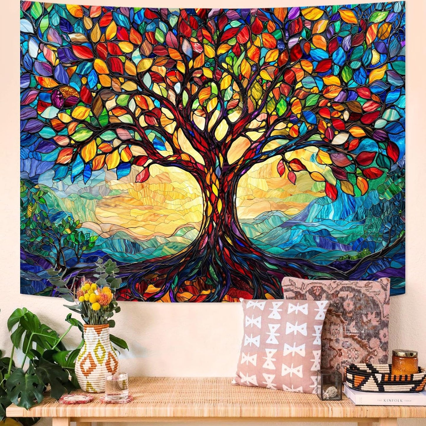 Lunerfex Tree of Life Tapestry Stained Glass Tapestry Wall Decor Tapestries for Bedroom Art Tapestries Wall Hanging for Bedroom Living Room Glass-Tree-01 60"x80"