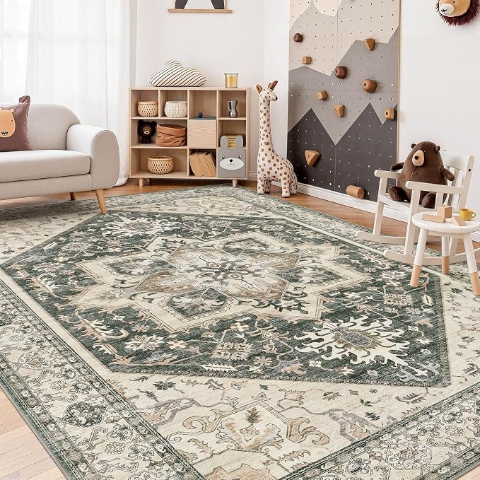 Area Rug for Living Room - 6x9 Washable Oriental Vintage Floral Large Soft Carpet - Fade Stain Resistant Non Slip Rugs for Bedroom Dining Room Nursery Dorm Office Home Decor - Vintage Green